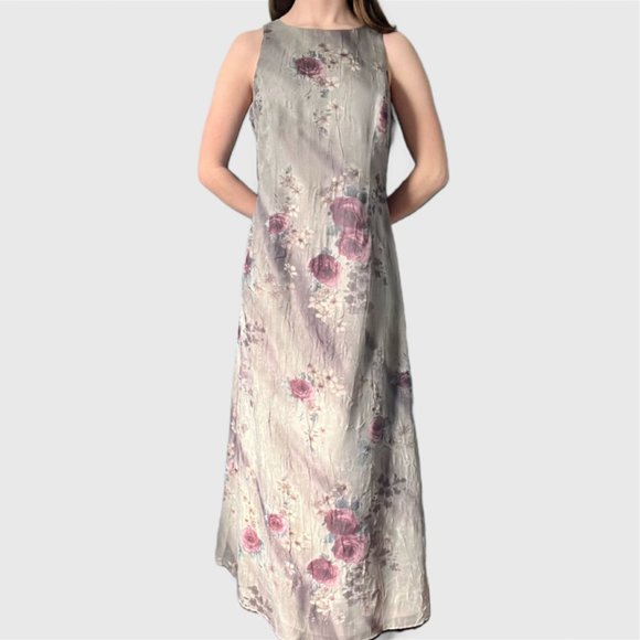 Vintage 90s Green Dress, 1990s Floral Maxi Dress - Picture 3 of 10